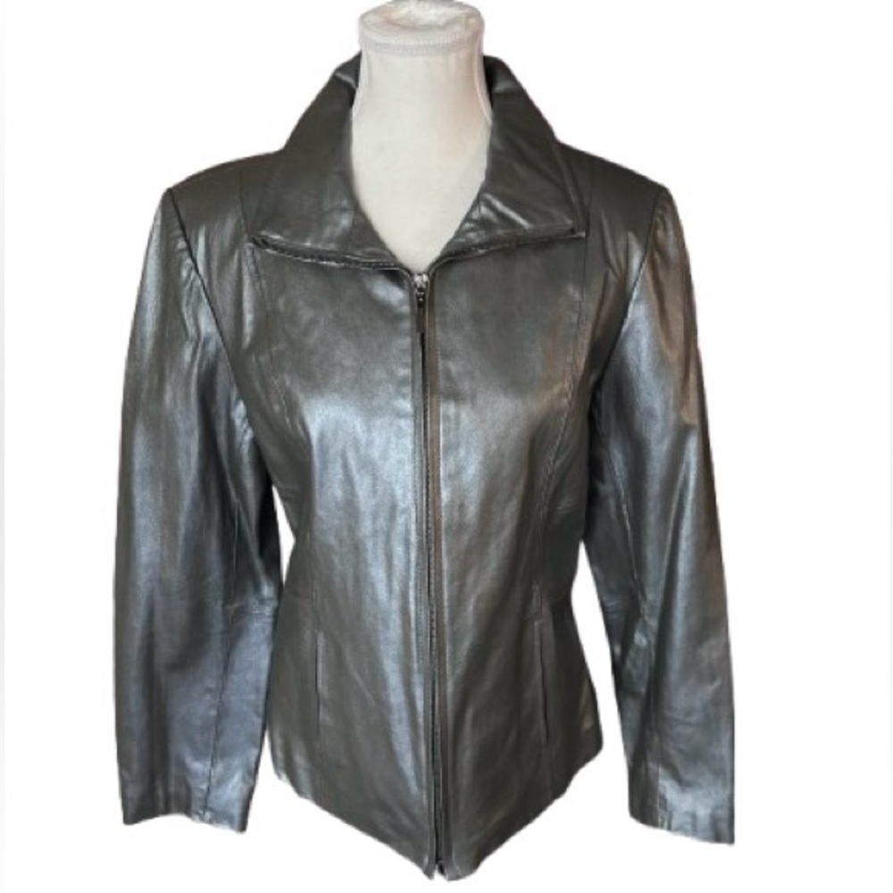 Antique Silver Metallic LEATHER GALLERY Jacket Metal Designer Vintage Medium
